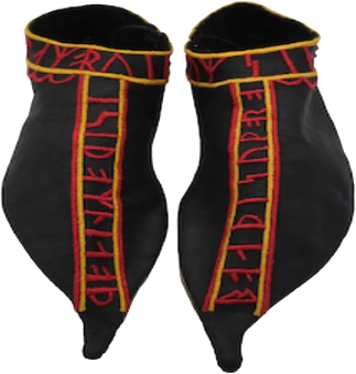 pair of black shoes with red and yellow embroidered runes